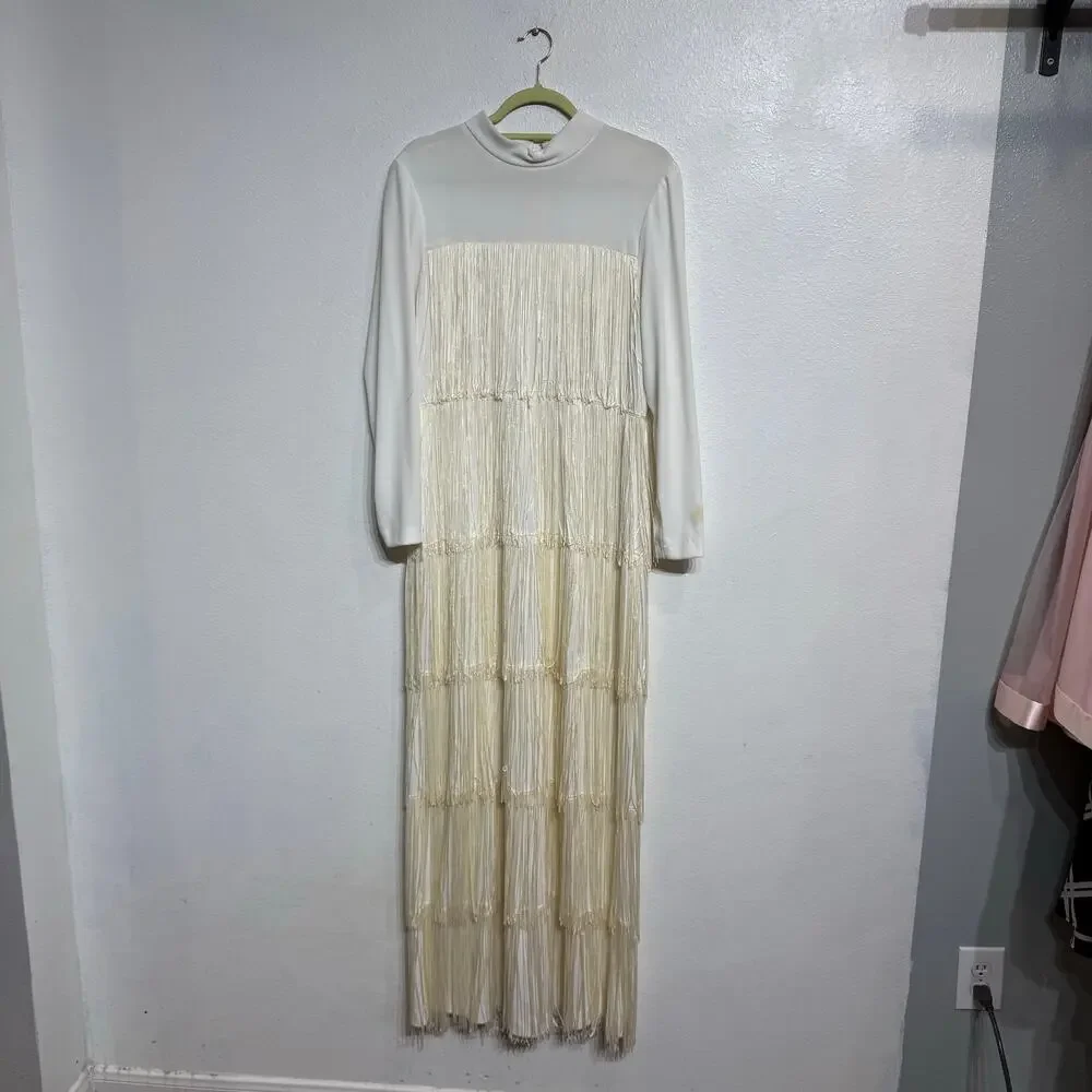 White Vintage Fringe Long Sleeve Maxi Dress Sz M - Picture 2 of 13